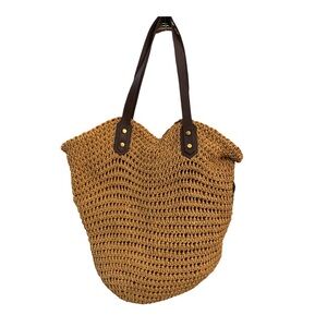 J Crew Woven Straw Tote with Leather Handles Natural Boho Coastal Summer